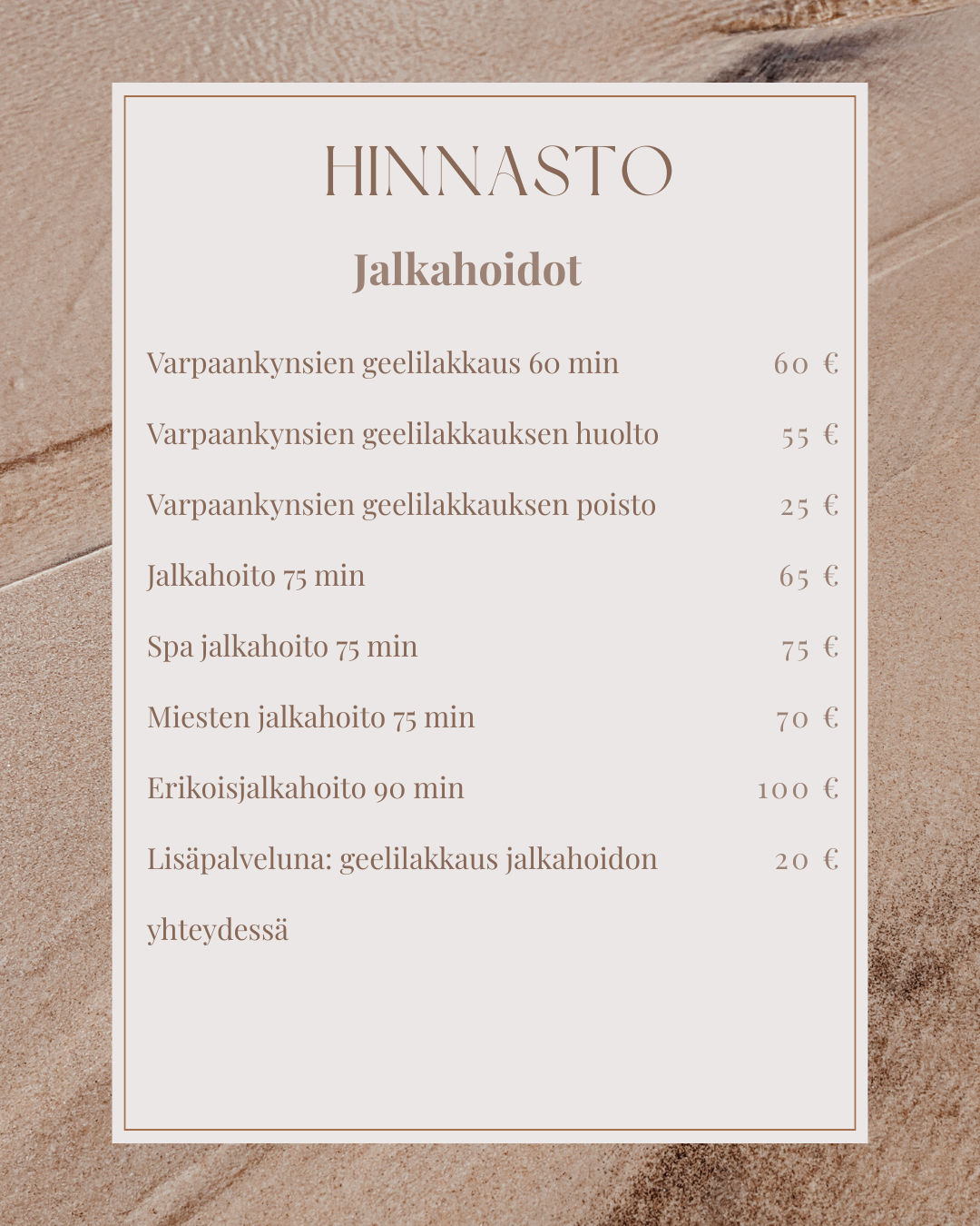 Jalkahoito Espoo hinnasto